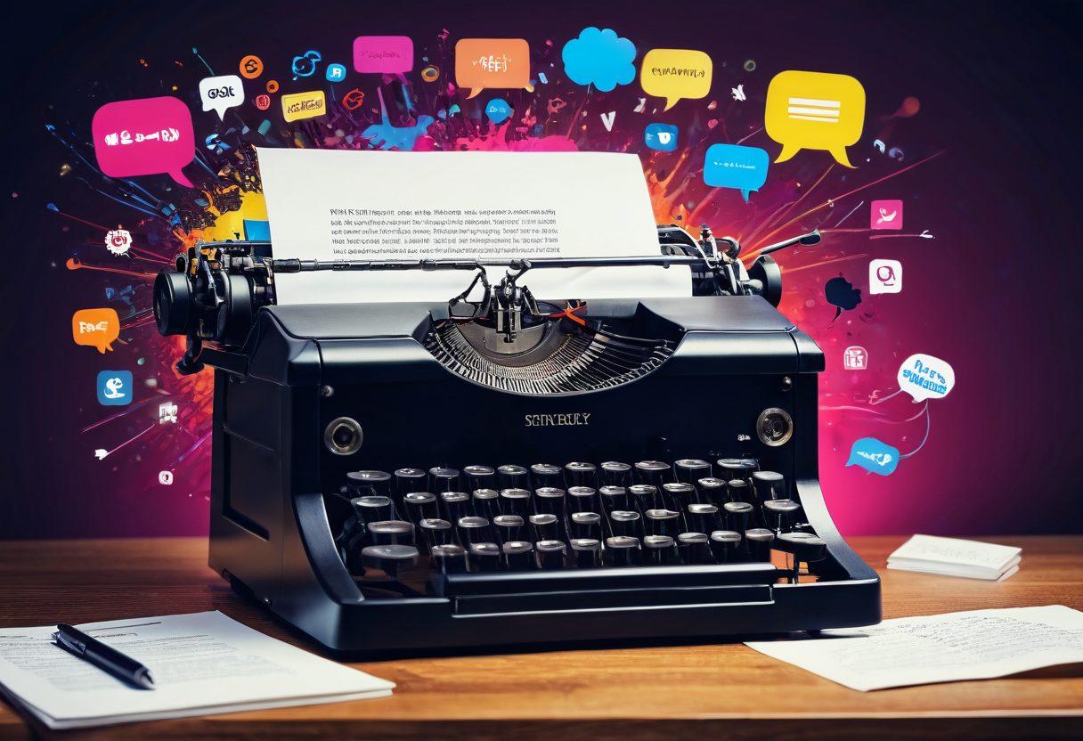 A powerful typewriter with ink flowing, symbolizing the essence of blogging, surrounded by floating speech bubbles filled with diverse voices and ideas. The background features a vibrant digital world, filled with social media icons and a glowing diary. A silhouette of a determined blogger at a laptop, focused and inspired. super-realistic. vibrant colors. white background.