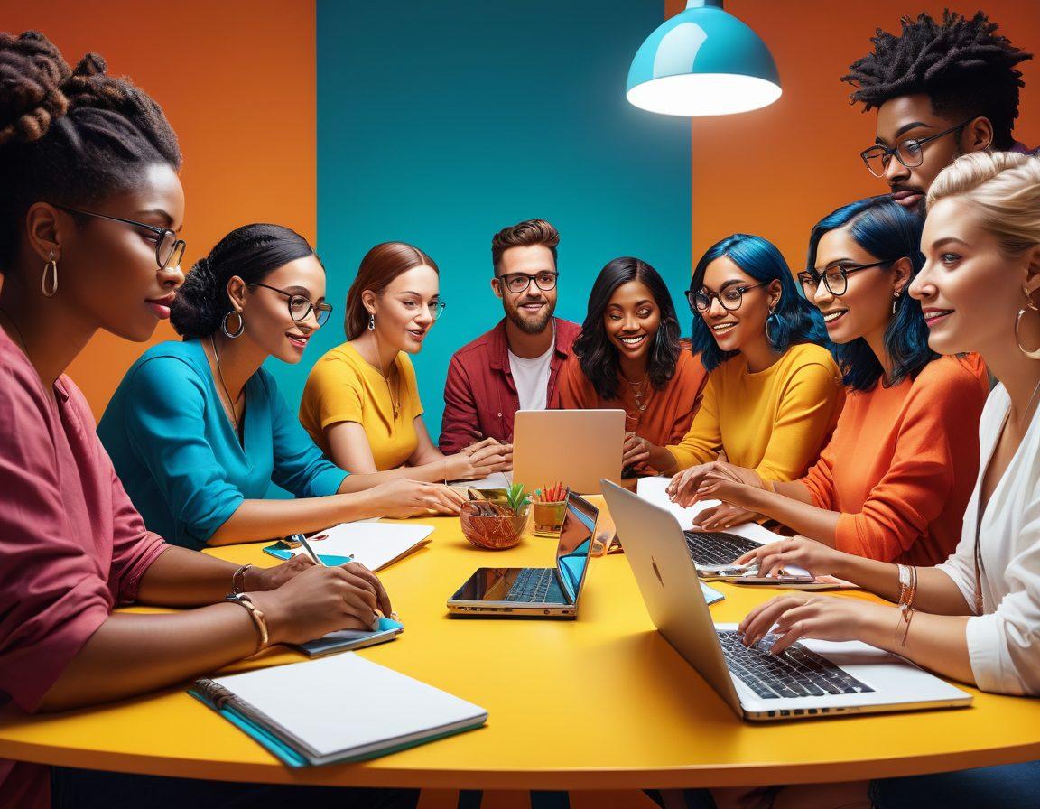 A dynamic illustration of a diverse group of bloggers passionately expressing their ideas at a roundtable. Each blogger is depicted with vibrant backgrounds representing different niches like travel, food, and technology, showcasing their determined voices. Include elements like laptops, notepads, and colorful speech bubbles emanating from them. The atmosphere should feel energetic and inspiring, emphasizing collaboration and determination. super-realistic. vibrant colors. 3D.