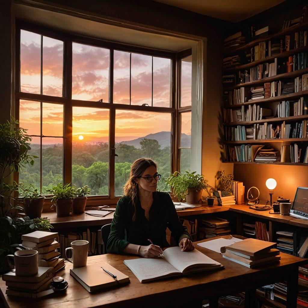 A resilient writer seated at a cozy desk, surrounded by stacks of books, a glowing laptop, and a steaming cup of coffee, passionately crafting their online diary. The room is filled with warm, inviting lighting and motivational quotes on the walls. A window showcases a vibrant sunset, symbolizing hope and dedication. Include elements of nature, like plants and notebooks, to represent growth in creativity. painting. warm colors. cozy atmosphere.